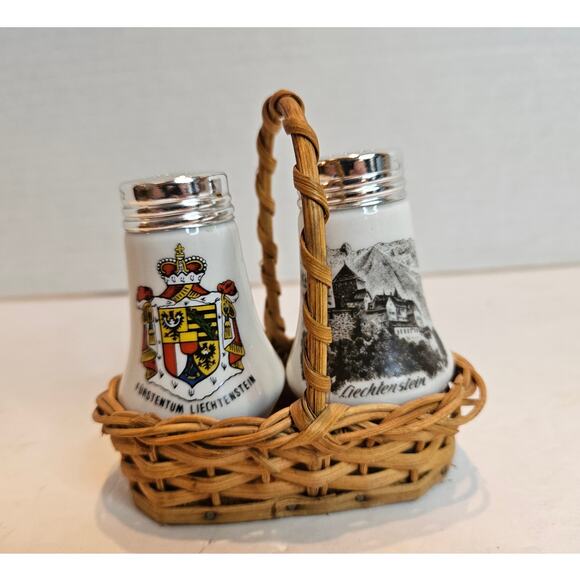 Vintage Liechtenstein German 3" Salt Pepper Shaker in Wicker Basket Quick-Vaduz - Picture 1 of 10